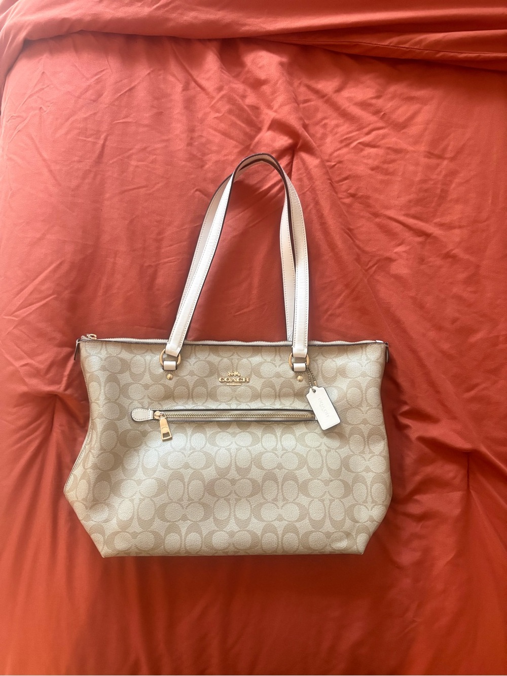 Coach Cream Signature Tote with White Handles and Gold Hardware